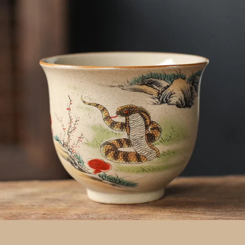 Handmade Zodiac Ceramic Teacup 110ml (3.7 fl oz) Vintage Pottery Tea Bowl for Meditation & Gongfu Tea