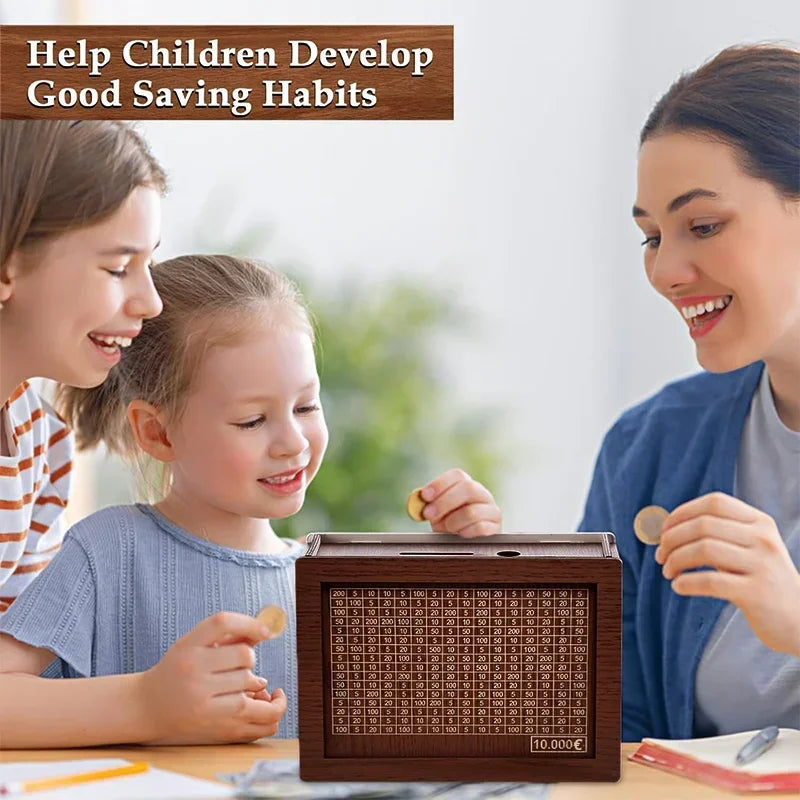 Handmade Wooden Money Box with 10,000 Savings Goal Counter – Reusable Piggy Bank for Kids & Adults