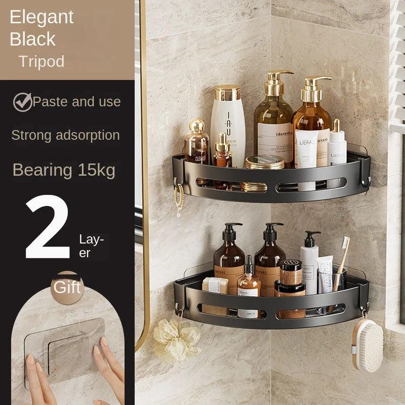 3/2/1-Pack No-Drill Adhesive Corner Shower Caddy – Wall-Mounted Bathroom Shelf for Shampoo & Towels, Space Aluminum & Plastic, Black