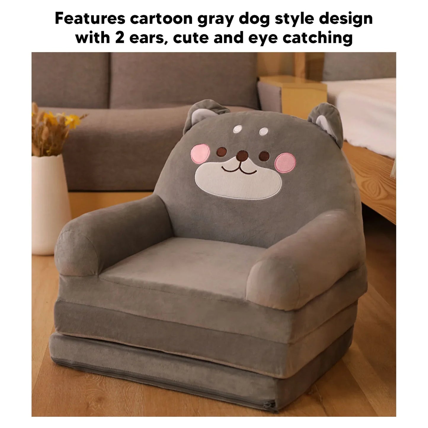 Cartoon Gray Dog Kids Sofa Foldable Toddler Chair - Soft Breathable Plush Armrest for Reading, Relaxing & Napping