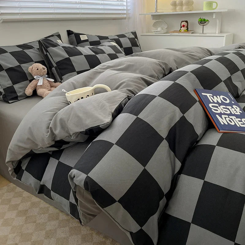 Nordic Plaid Washed Cotton Bedding Set - Duvet Cover + Pillowcases & Flat Sheet - Twin/Full/Queen/King