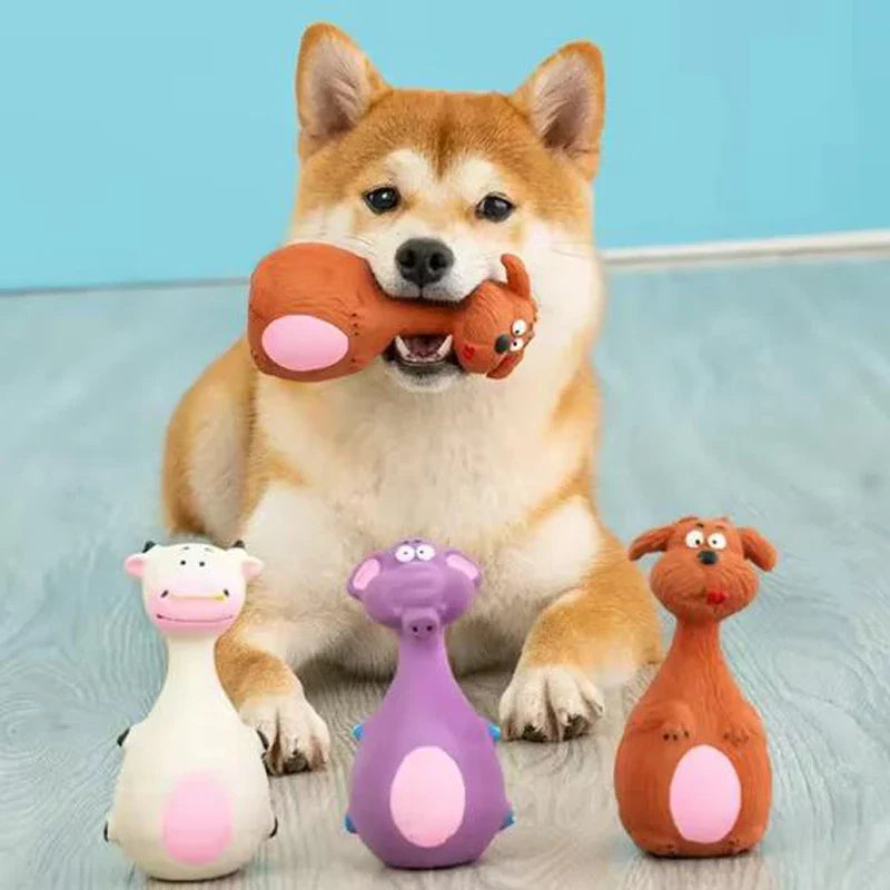 1-Pack Round-Bellied Cartoon Squeaky Dog Toy - Bite-Resistant Latex Rubber, Purple Elephant / White Cow / Brown Options
