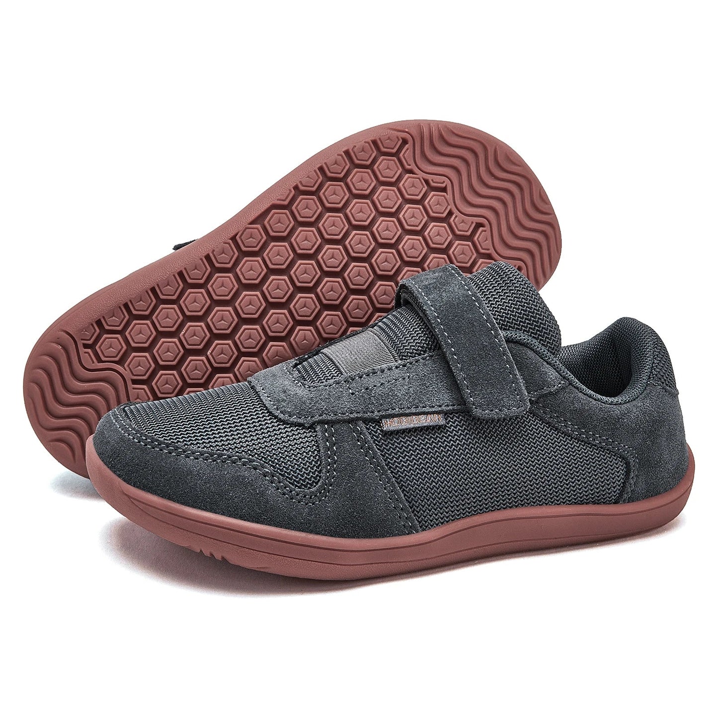 Kids Wide-Toe Barefoot Sneakers — Lightweight Hook & Loop Mesh with Faux Leather Toe