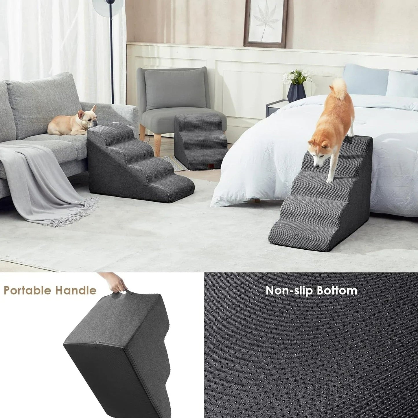Curved Foam Pet Stairs for Dogs and Cats — 2–5 Step Non-Slip Ramp Fits Beds Up to 24 in (61 cm)