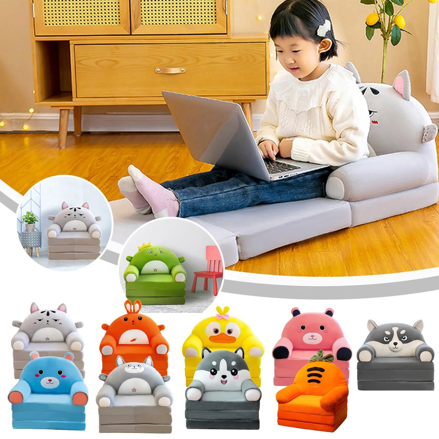 Plush Foldable Kids 2-in-1 Sofa Bed – Cartoon Flip-Open Armchair & Nap Lounger