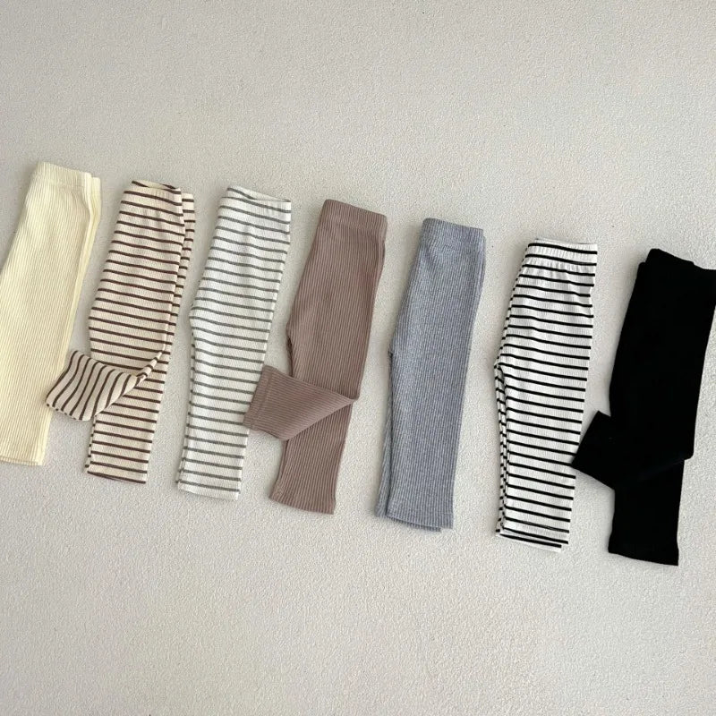 0-3T Baby Striped Cotton Stretch Leggings – Elastic Waist Toddler Skinny Pants