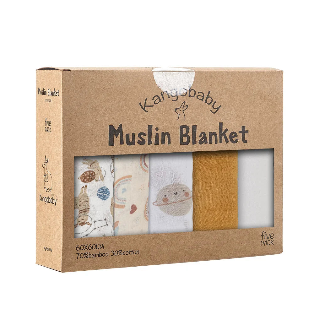 5-Pack Bamboo Cotton Muslin Baby Blankets & Burp Cloths 60 x 60 cm (23.6 x 23.6 in) Soft Breathable Multi-Functional