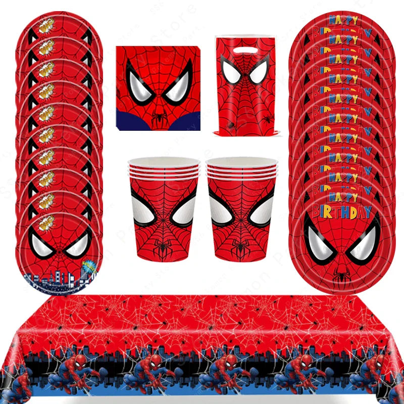 Spiderman Kids Birthday Party Supplies - Disposable Tableware Set with Plates, Cups, Napkins & Favor Bags