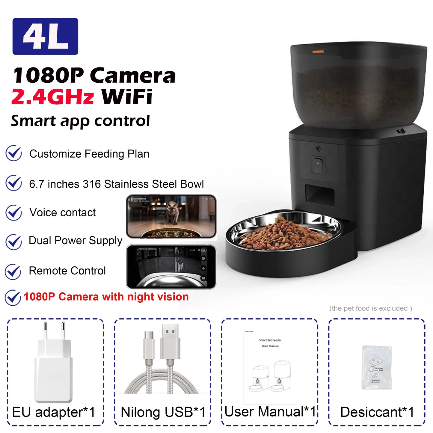 Smart 4L Automatic Pet Feeder with 1080P Camera & Night Vision, App-Controlled Voice Recorder Remote Feeding for Cats & Dogs