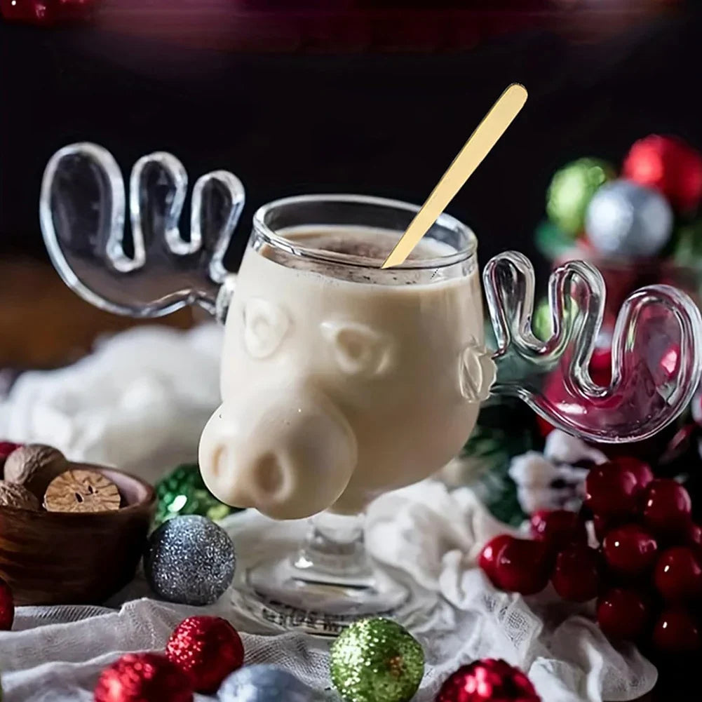 Christmas Moose Glass Mug 8oz (240ml) Reindeer Antler Holiday Drinkware 1/2/3 Pack