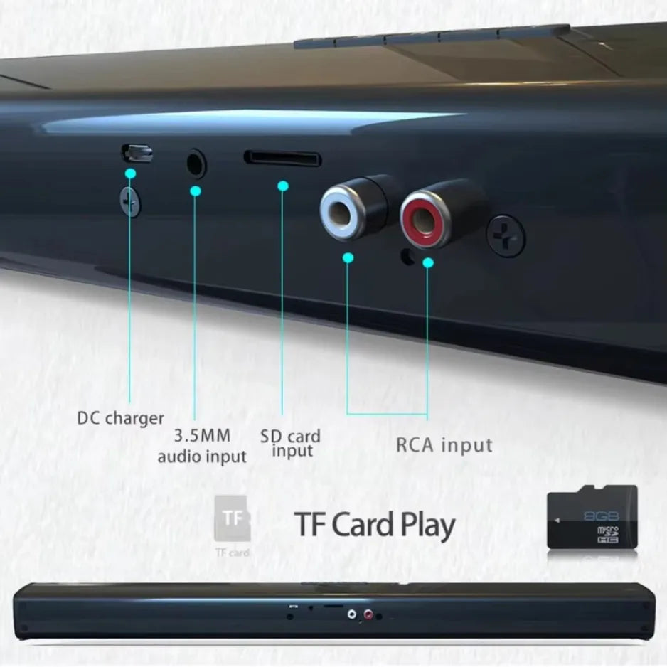 Bluetooth 5.3 Portable Stereo Soundbar Speaker 2.0 Channel, Battery Powered Home Cinema with Remote, RCA AUX & TF Card Support