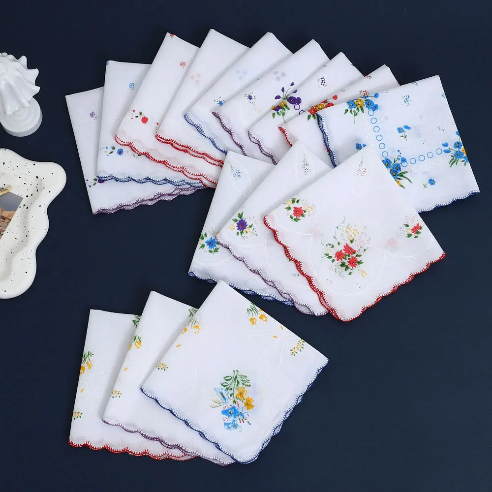 6-Pack Cotton Floral Handkerchiefs for Women, 28 cm (11 in) Scalloped Edge Pocket Towels & Wedding Napkins