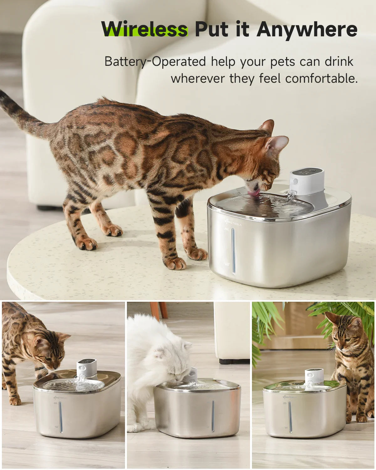 Wireless 4L (135 fl oz) Cat & Dog Water Fountain — USB-C Rechargeable Auto-Sensor Stainless Steel Pet Water Dispenser