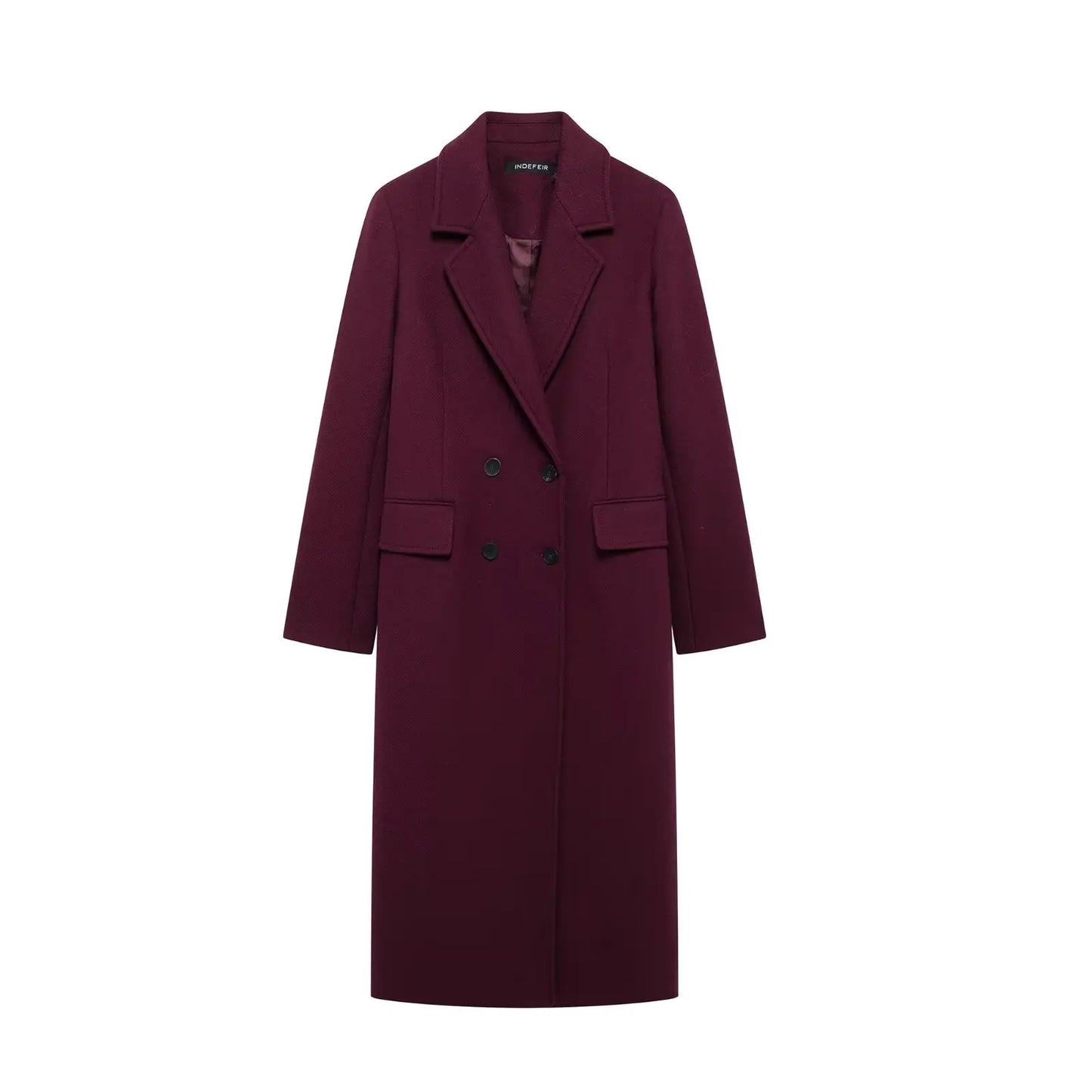 Women's Burgundy Double-Breasted Wool-Blend Coat - Long Sleeve Lapel Jacket, Autumn Winter Outerwear