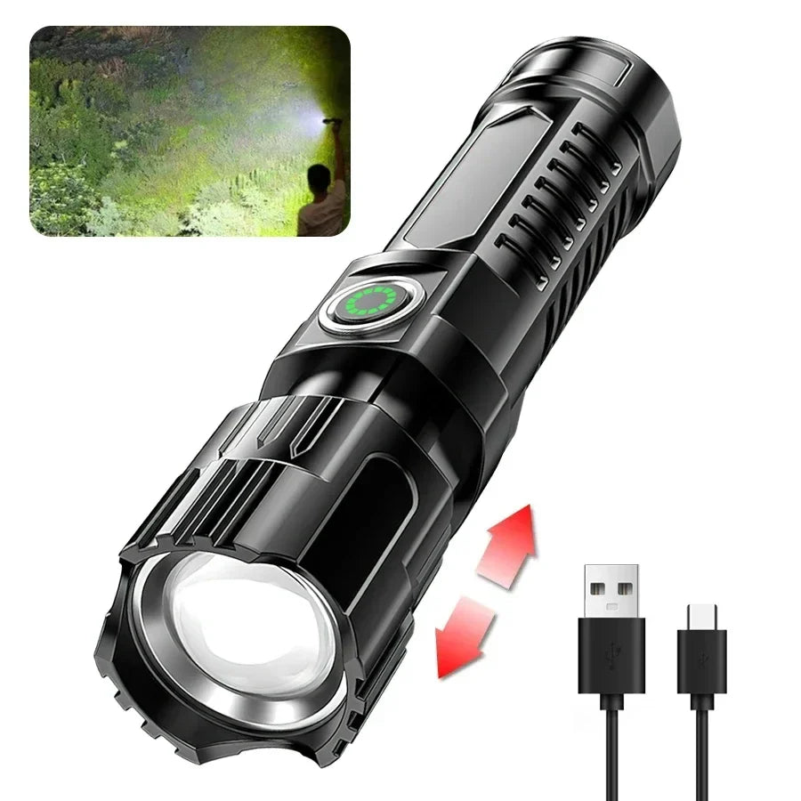 Tactical LED Flashlight 1600LM USB-C Rechargeable Zoom Waterproof Torch for Camping, Fishing & Emergency