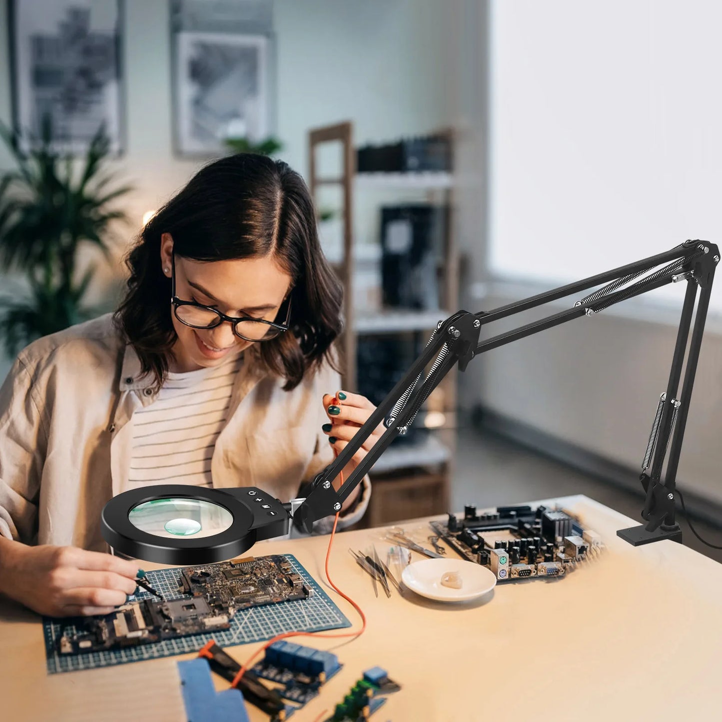 Adjustable 5X/10X Magnifying Lamp with 110mm (4.3 in) Lens - Touch 5-Color LED, 10-Level Dimming, Long Swing Arm Clamp Light for Reading, Jewelry & Soldering