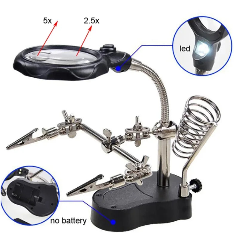 LED Clip Magnifier Helping Hand for Soldering and Circuit Board Repair 3.5x 12x Stand Holder