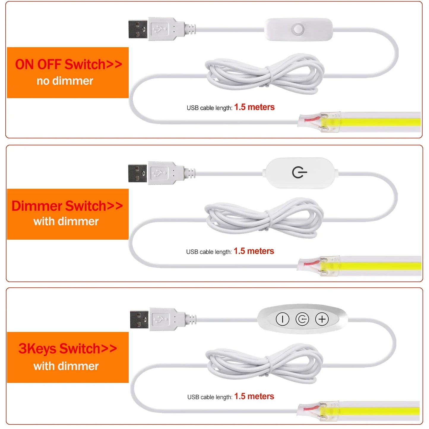 Dimmable COB LED Strip Light 5V USB with ON/OFF Switch — 320 LEDs/m High-Density Flexible Tape Light, Adhesive Backing, 3000K/4000K/6000K