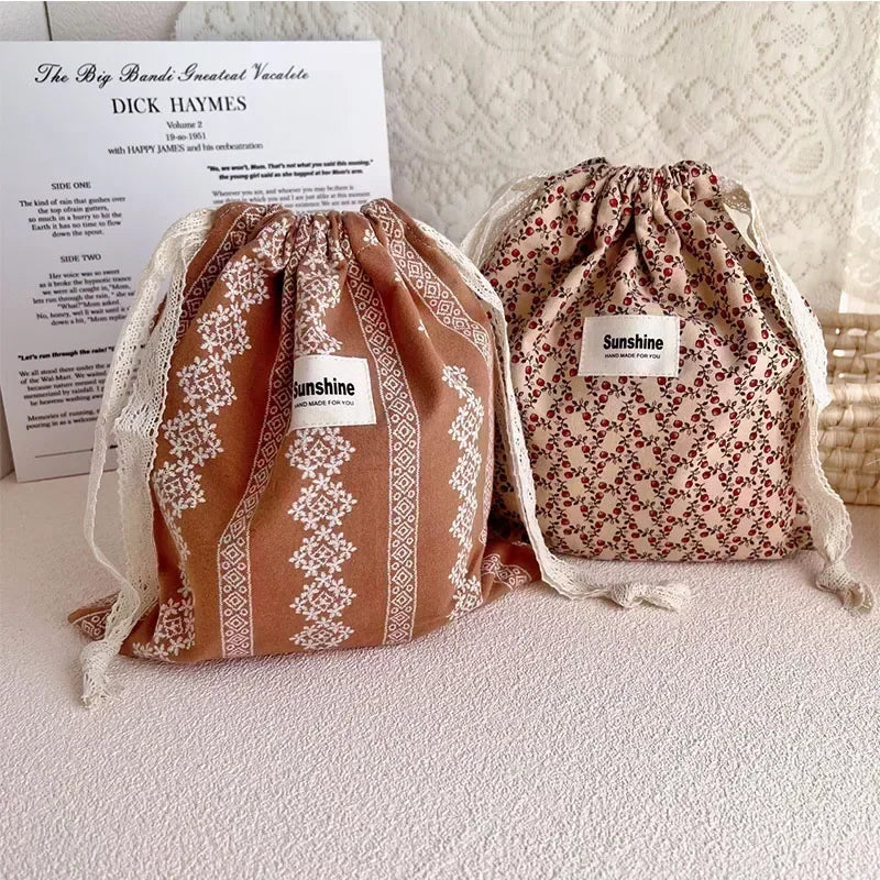 Printed Floral Diaper Bag – Cotton Drawstring Mommy Nappy Bag, Travel & Stroller-Friendly Organizer