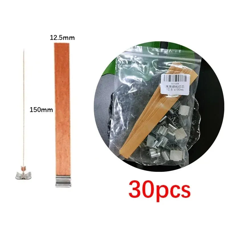30-Pack Premium Wooden Candle Wicks with Metal Clip Bases for Candle Making – Paraffin & Beeswax Smokeless Wicks