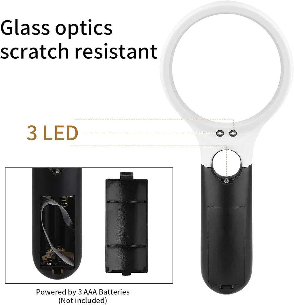 White Handheld Magnifying Glass 3X & 45X with 3 LED Lights — Reading, Jewelry, Coins, Stamps