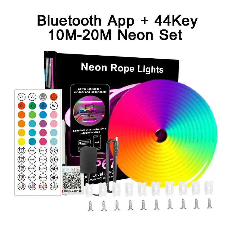 24V RGB LED Neon Strip Light – 5m/16.4ft, 10m/32.8ft, 15m/49.2ft, 20m/65.6ft, 30m/98.4ft | Bluetooth App & 24/44-Key Remote, Music Sync, 60 LED/m, IP67 Waterproof