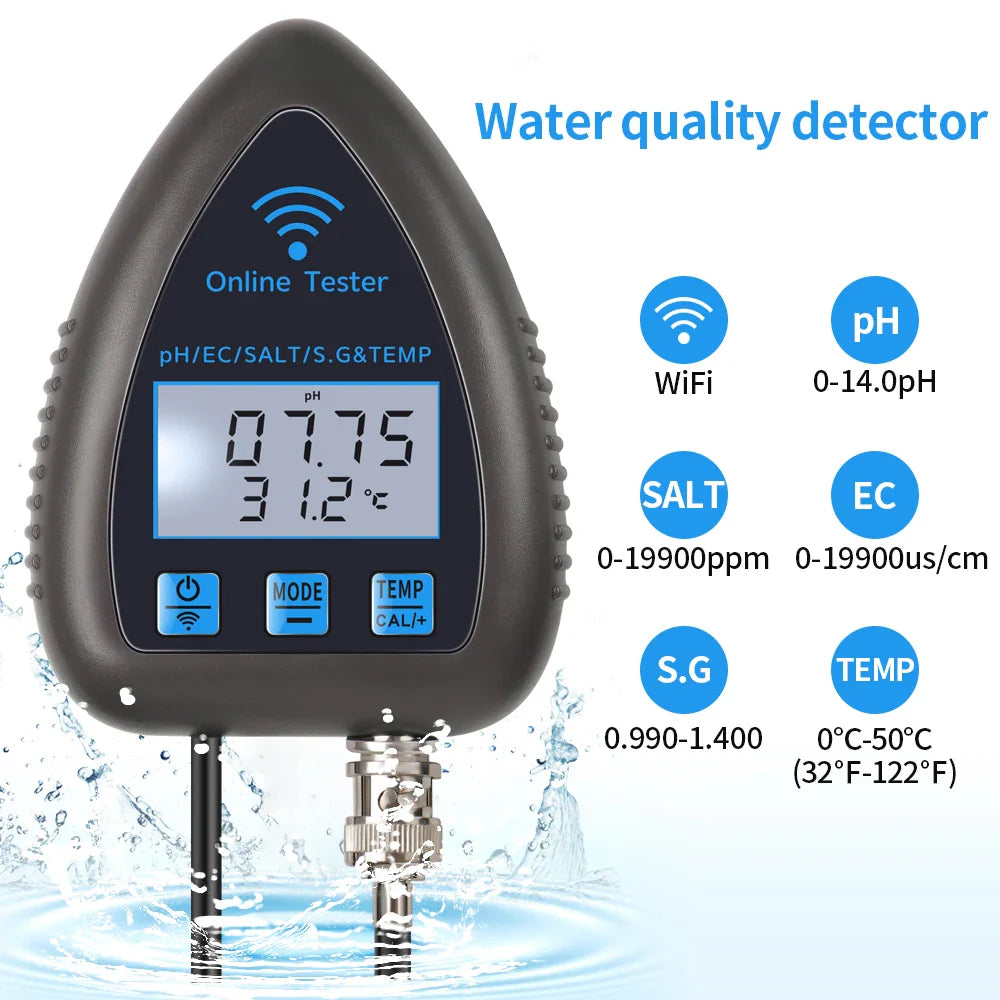 5-in-1 WiFi & Bluetooth Water Quality Monitor — pH, TDS/EC, Salinity, Specific Gravity & Temp for Aquariums, Hydroponics & Aquaculture
