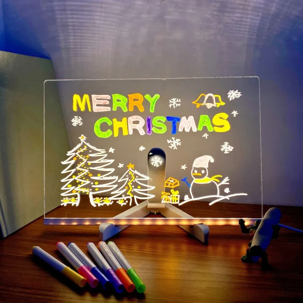 LED Acrylic Message Board Night Light with 7 Color Pens - Erasable DIY Neon Note and Drawing Board for Kids