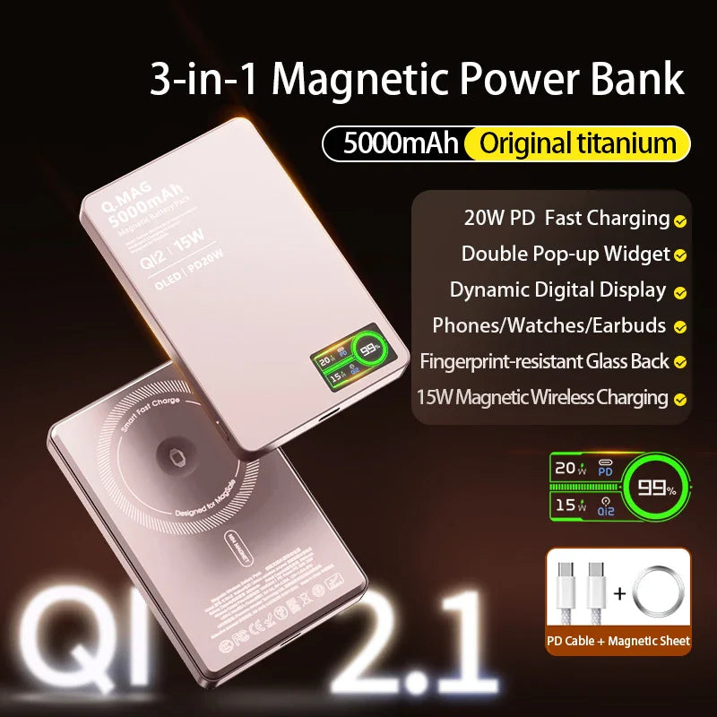 Qi 2.1 Magnetic Power Bank 3-in-1 Wireless Fast Charger 5000/10000mAh for iPhone, Apple Watch and AirPods, 15W Magnetic Wireless & 20W PD Portable Battery