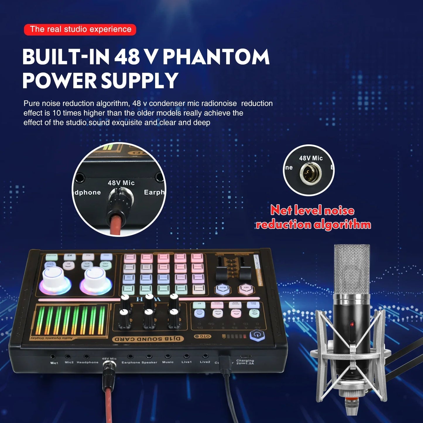 External Sound Card Studio Mixer with Noise-Reduction Microphone for Live Streaming, TikTok, Podcasting