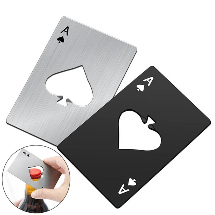 Poker-Shaped Credit Card Bottle Opener — Stainless Steel Wallet Size Beer & Can Opener (85 x 54 mm / 3.35 x 2.13 in) - Black/Silver