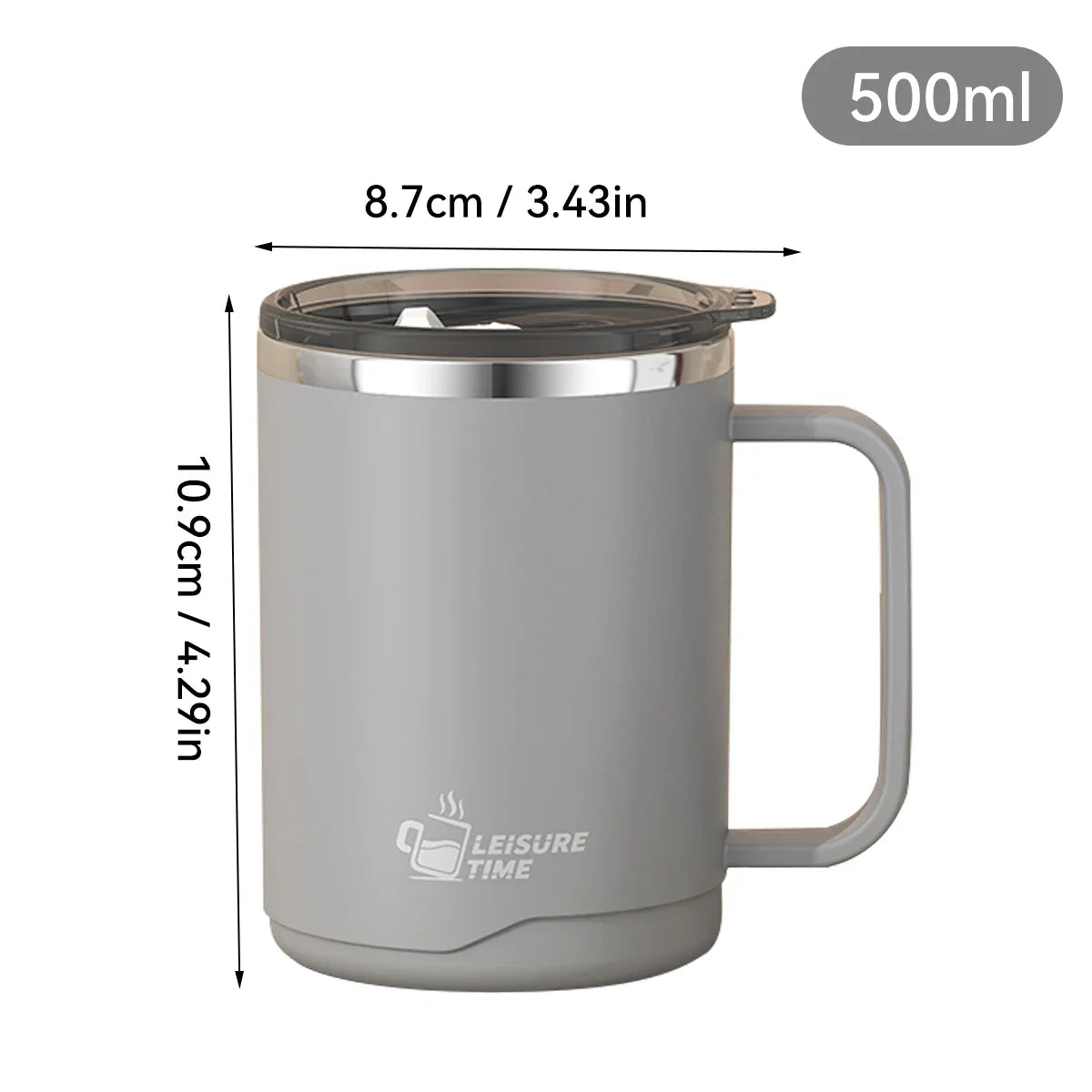 500ml (16.9oz) 304 Stainless Steel Double-Layer Insulated Travel Mug with Handle, Sealed Vacuum Flask