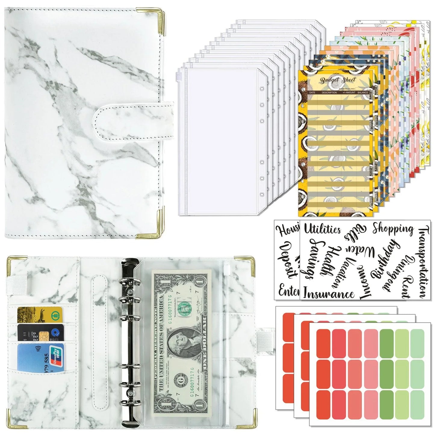 A6 Budget Binder Wallet Organizer — 12 Cash Envelopes, 12 Budget Sheets & 5 Label Stickers (7.84 x 5.2 in / 199 x 132 mm)