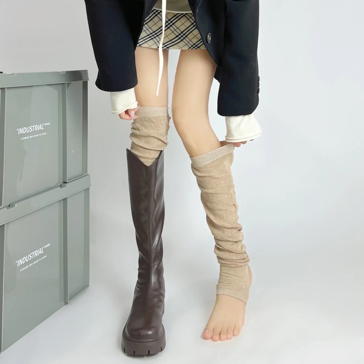Women's Gray Knit Calf Leg Warmers - Cotton-Blend Ballet Pile Socks for Autumn