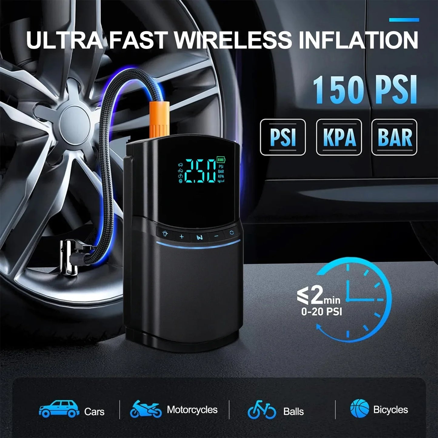 150 PSI Portable Tire Inflator & 3000A Car Jump Starter Power Bank – 12V Battery Booster with LED Flashlight & SOS Light