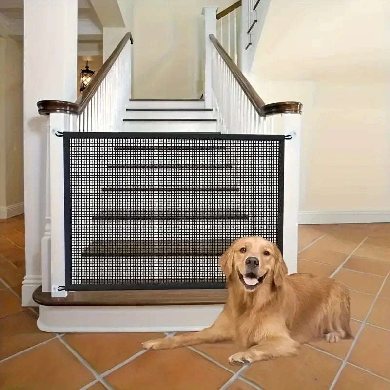 Heavy-Duty Foldable Breathable Dog Barrier Mesh Gate with 6 Adhesive Hooks – Indoor Outdoor Pet Safety Gate