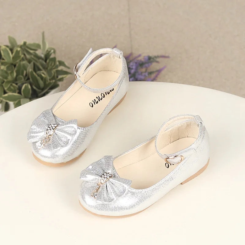 Girls Princess PU Leather Ballet Flats with Ankle Strap & Bow – Spring Autumn Dress Shoes for Kids 3-12