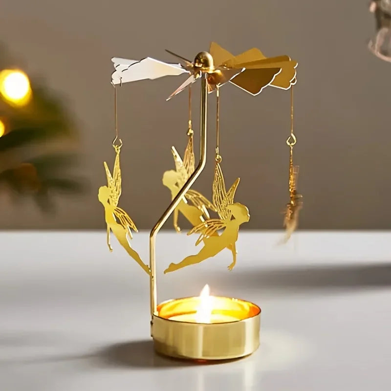 Gold Metal Rotating Tealight Candle Holder - Tabletop Spinner for Wedding Christmas Dinner Party Decoration Gift