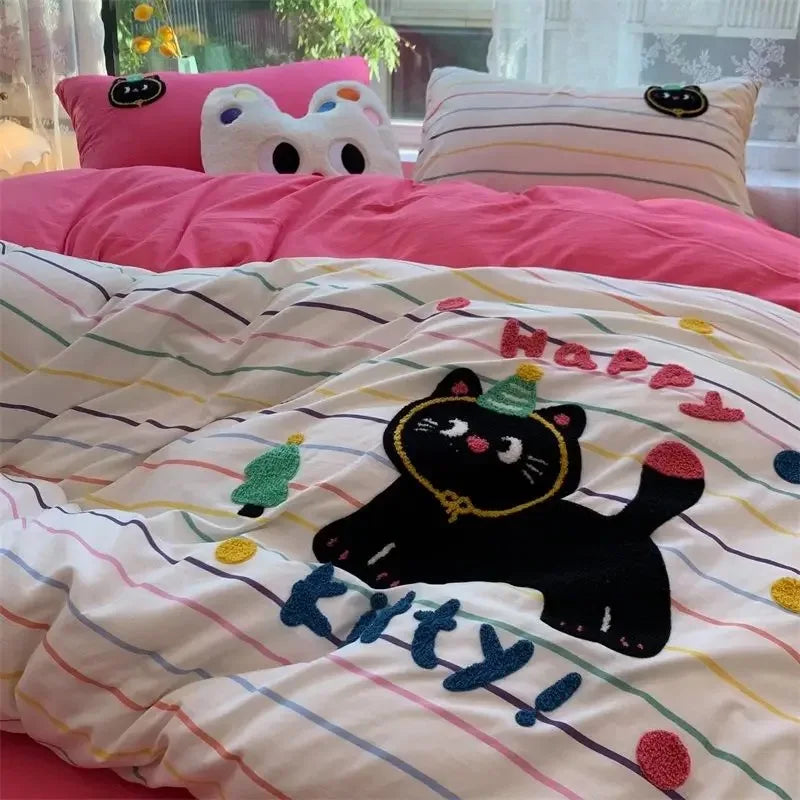 Korean Style Green Stripe Black Cat Embroidered Washed-Effect Polyester Duvet Cover Set 4-Piece Cute Cartoon Bed Linen