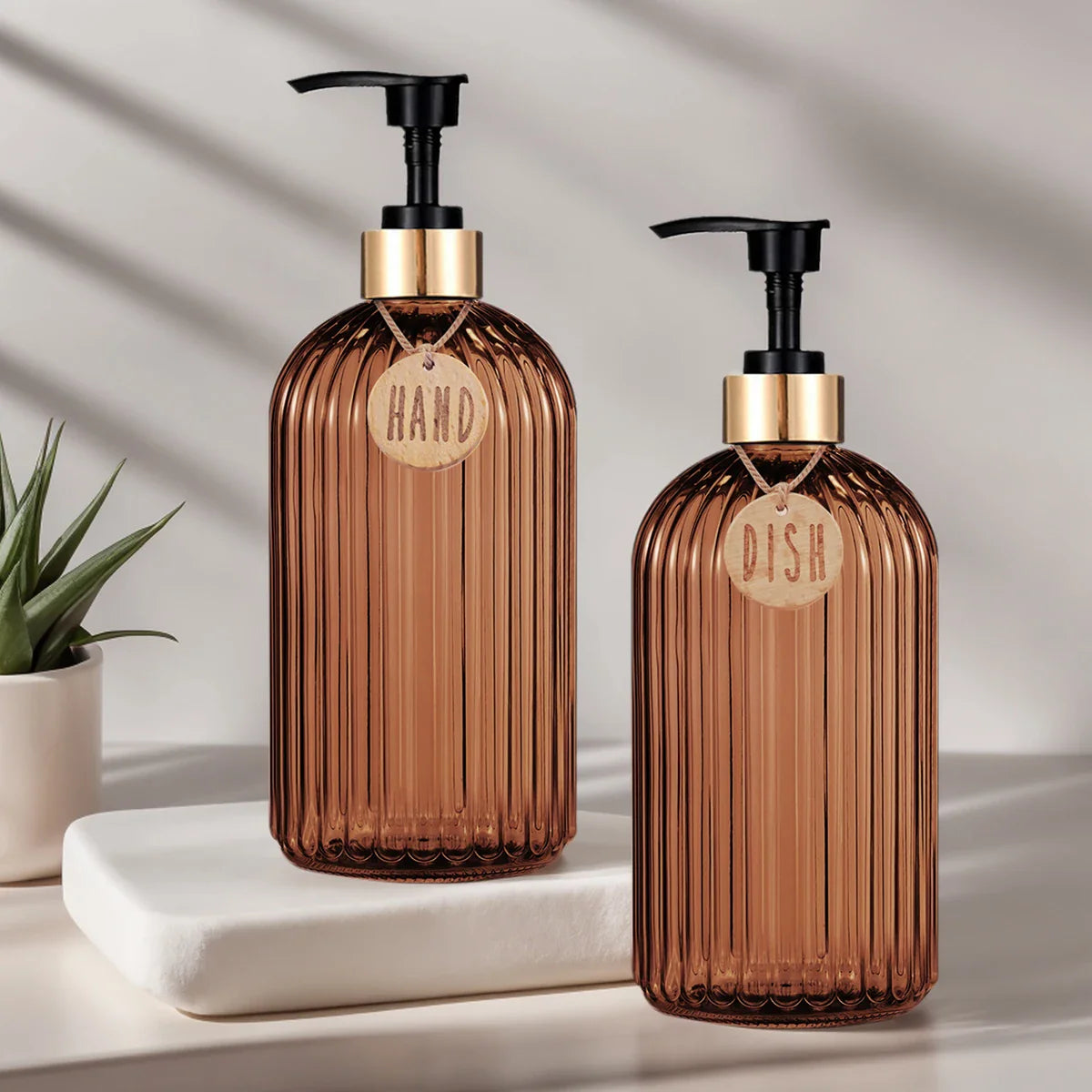 Amber Refillable Dish & Hand Soap Dispenser Bottle 500ml (16.9oz) Pump for Kitchen and Bathroom
