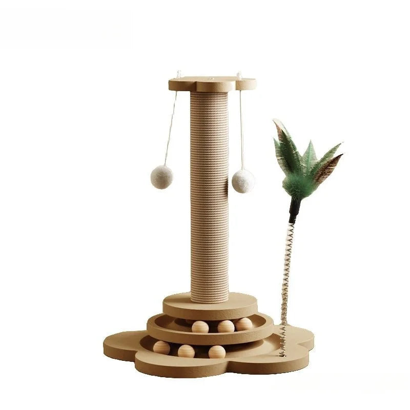 Solid Wood Cat Turntable Toy with Sisal Scratching Board and Rolling Ball - Interactive Cat Scratcher Column