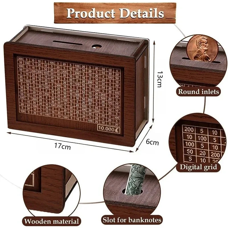 Handmade Natural Wooden Piggy Bank with Goal Counter - Decorative Money Saving Box for Kids & Adults