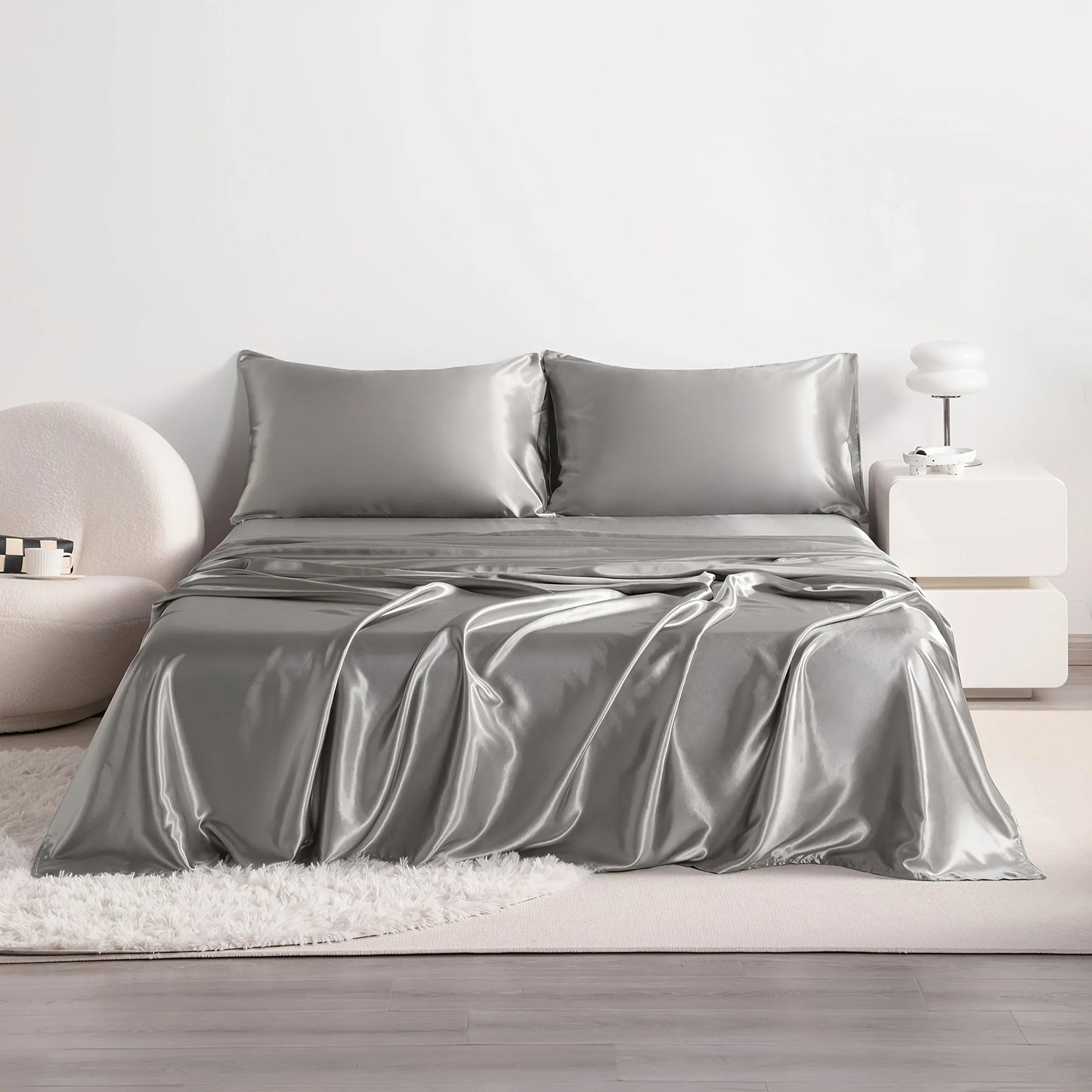 4-Piece Cooling Satin Bed Sheet Set – Breathable Hypoallergenic 500TC Flat Sheet, Fitted Sheet & 2 Pillowcases