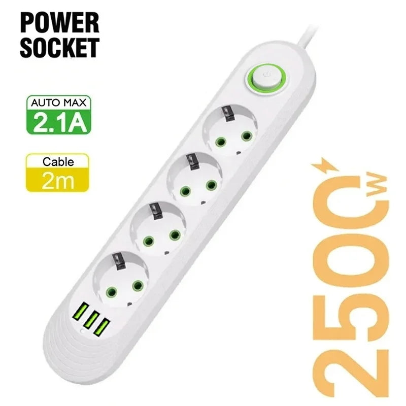 2500W EU Plug Power Strip, 5 Outlets & 3 USB Ports, Overload Protection with Master Switch