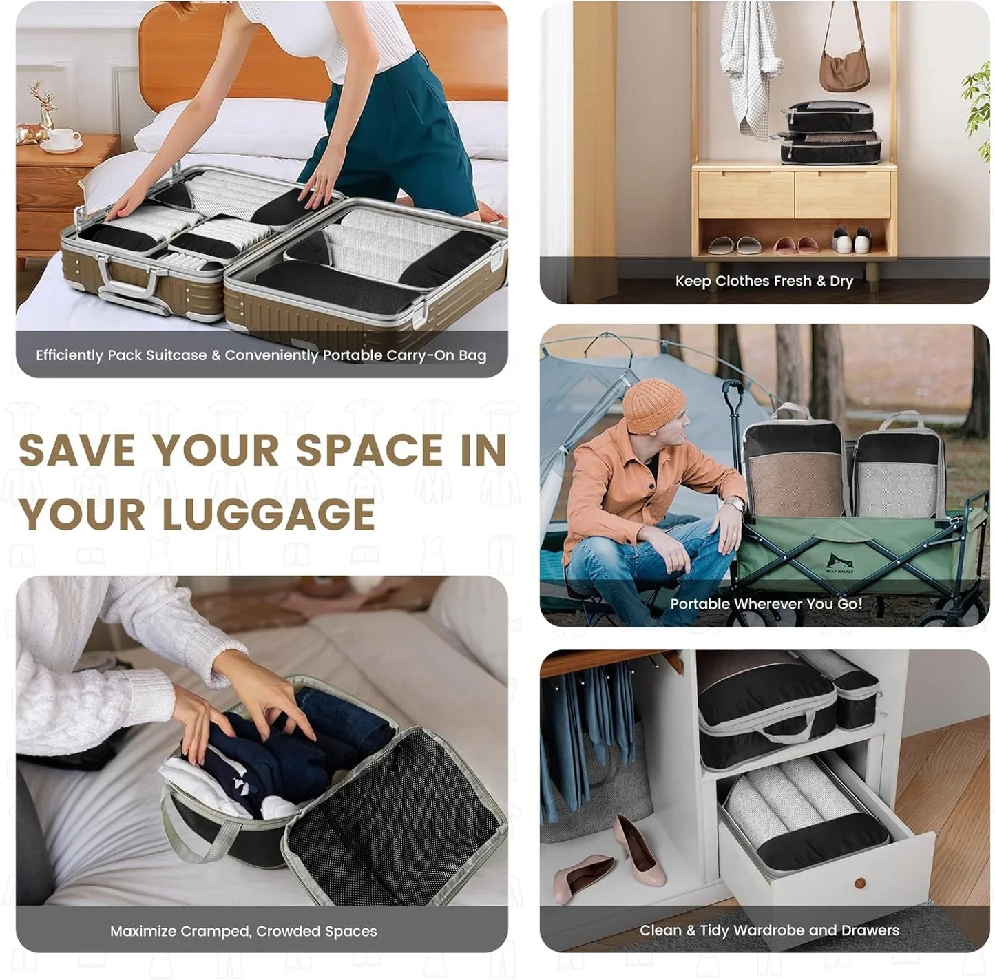 6-Piece Travel Compression Packing Cubes Set with Shoe Bag - Mesh Lightweight Luggage Organizers