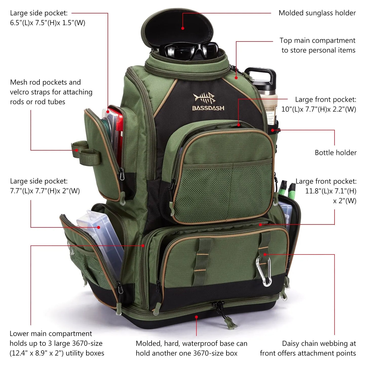 Lightweight Tactical Fishing Tackle Backpack with Soft Tackle Box and Rain Cover