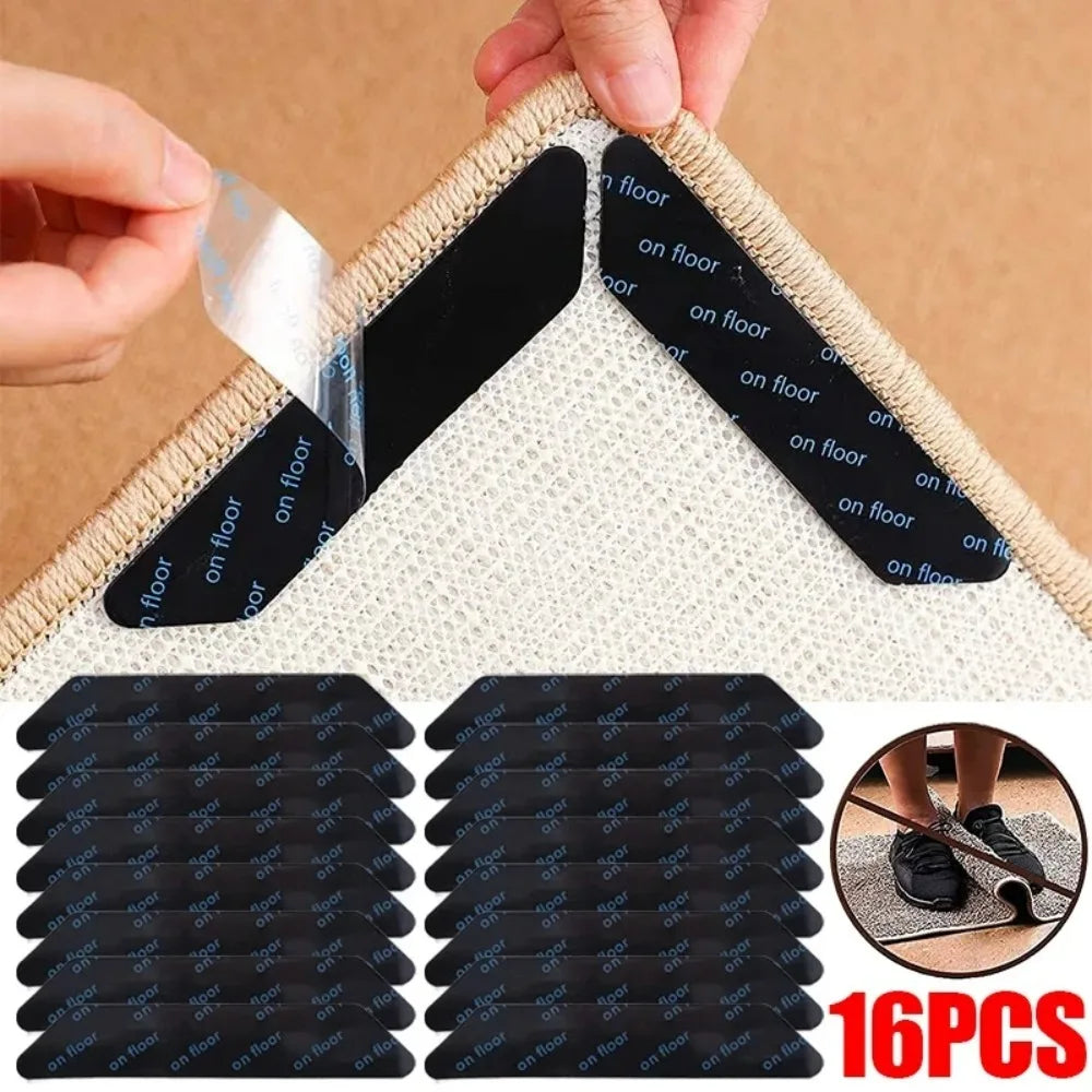 Carpet Non-Slip Corner Grippers 8/16-Pack Reusable Washable Anti-Curling Rug Tape Pads