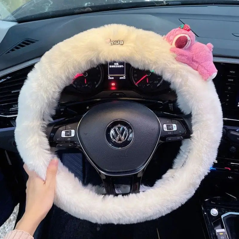 Cute Cartoon Fur Steering Wheel Cover Winter Warm Car Handle Cover for Women