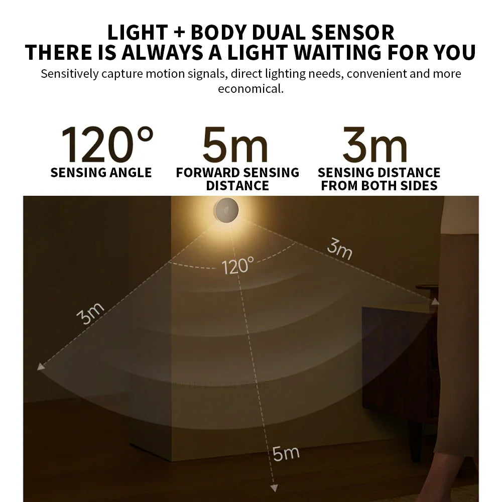 Rechargeable Infrared Motion LED Night Light – Magnetic Base, USB-C, Adjustable Brightness, 3.7 in (95 mm), Warm 2700K