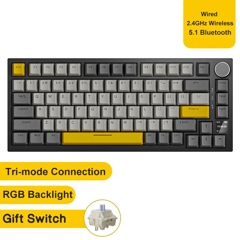 75% Hot-Swappable Mechanical Keyboard — Bluetooth 5.1, 2.4G Wireless & Wired USB-C, PBT Keycaps, RGB, Gasket Mount, Metal Volume Knob